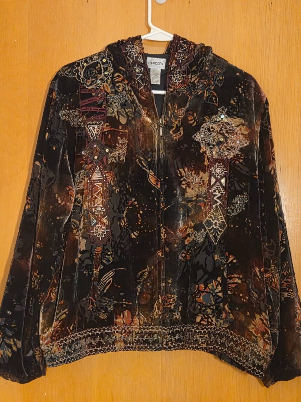 Chico's 2 Silk Velvet Hooded Bomber Jacket Size L Embellished Witchy Whimsigoth
